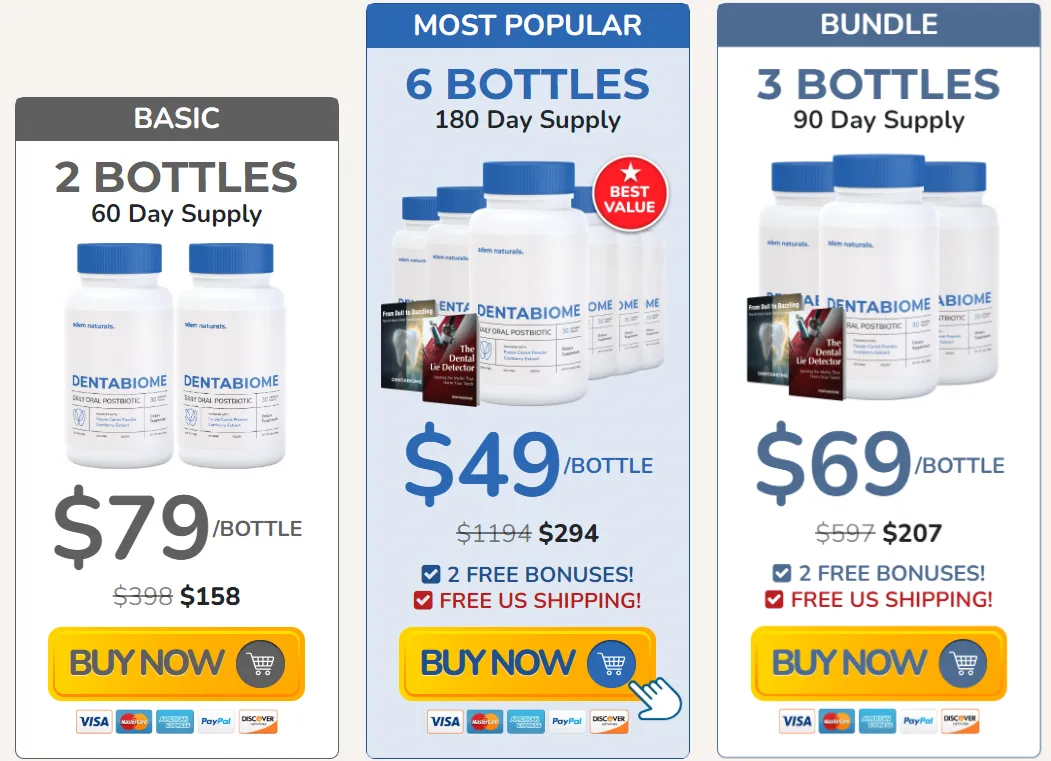 DentaBiome pricing packages showing 2 bottle 3 bottle and 6 bottle bundle options with buy now button