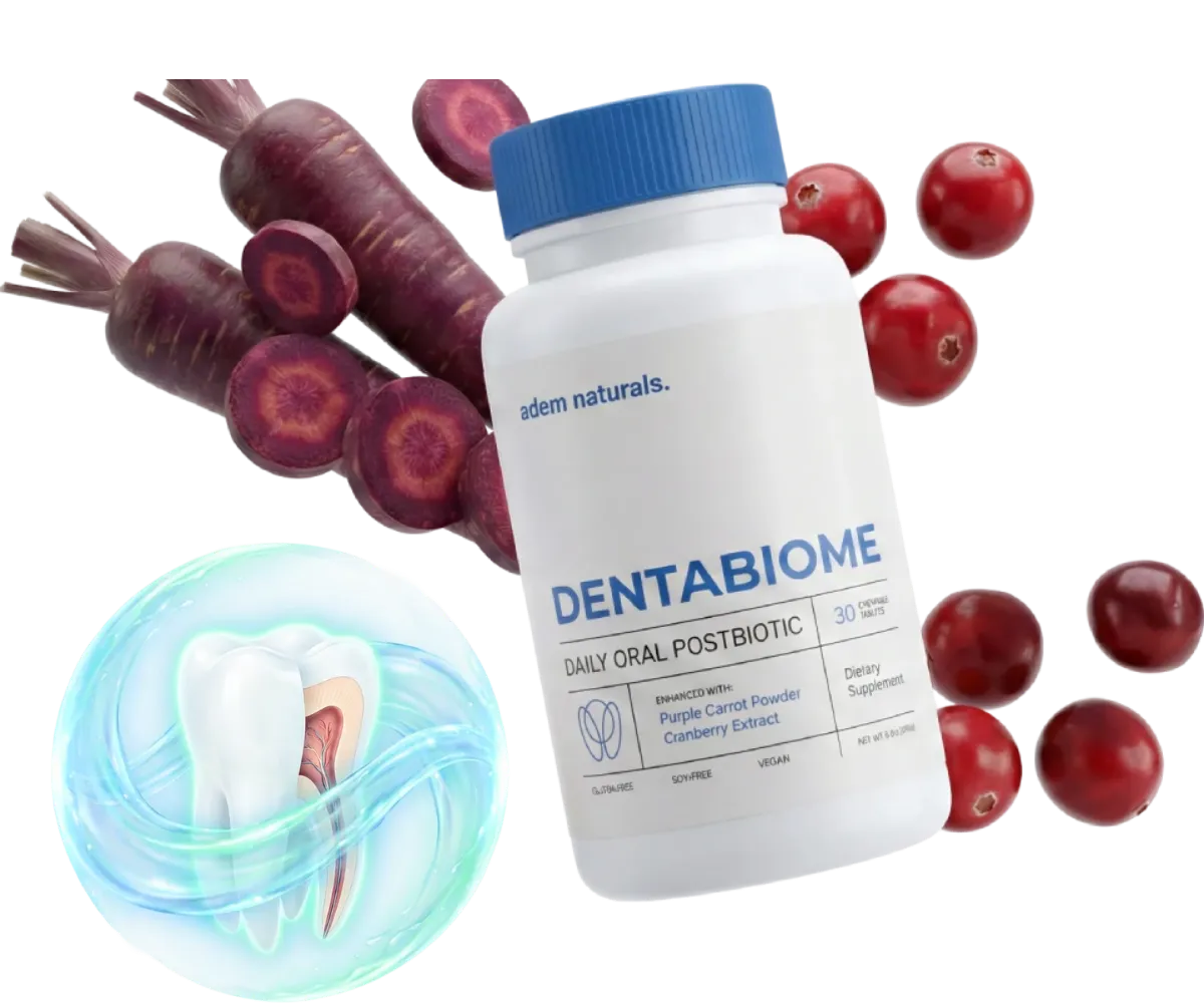 DentaBiome oral probiotic supplement bottle with natural ingredients supporting gum health and oral microbiome balance