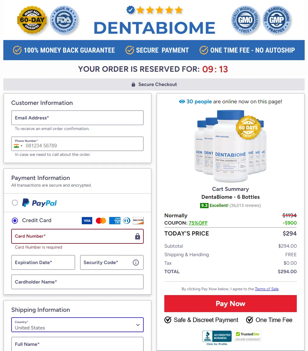 DentaBiome secure checkout page showing limited time special pricing offer with discount and order now button
